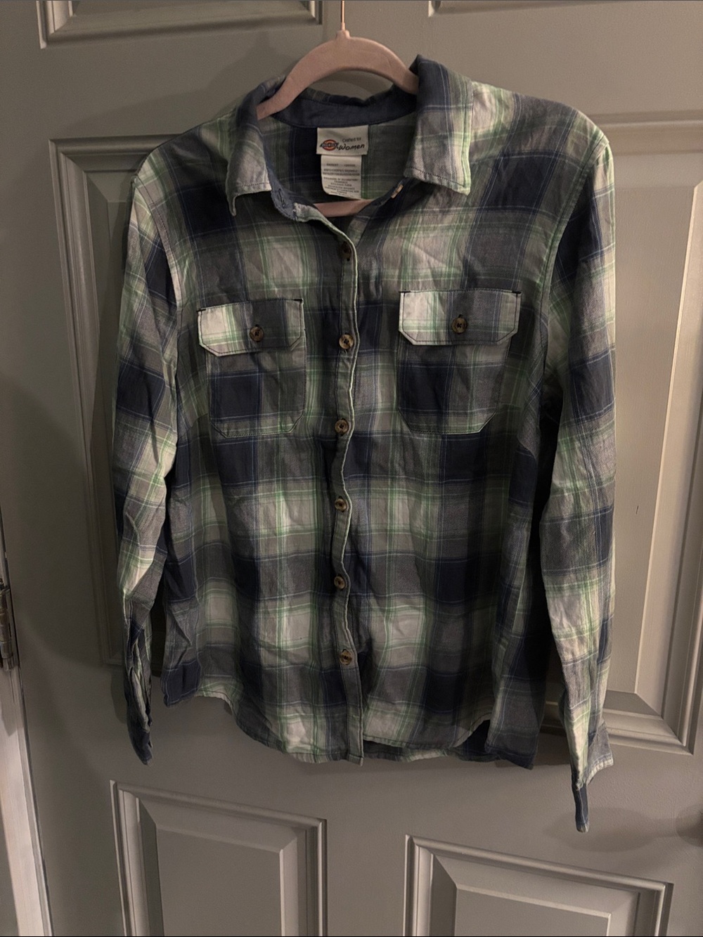 Dickies Navy Blue and Green Plaid Button-Up Shirt